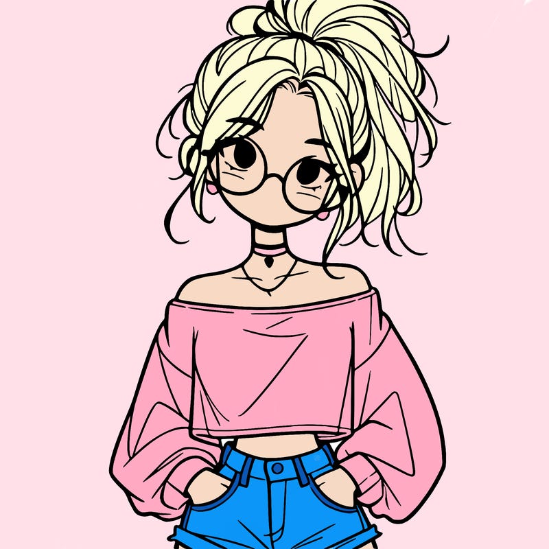 girl with a messy ponytail glasses a baggy crop top and jean shorts