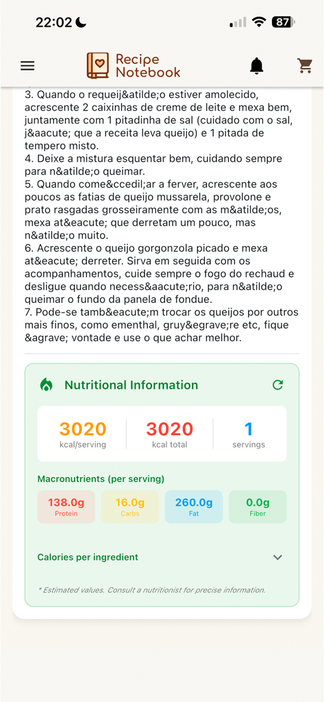 My Recipe Notebook - Screen showing nutritional facts and macronutrients for a recipe in the app.