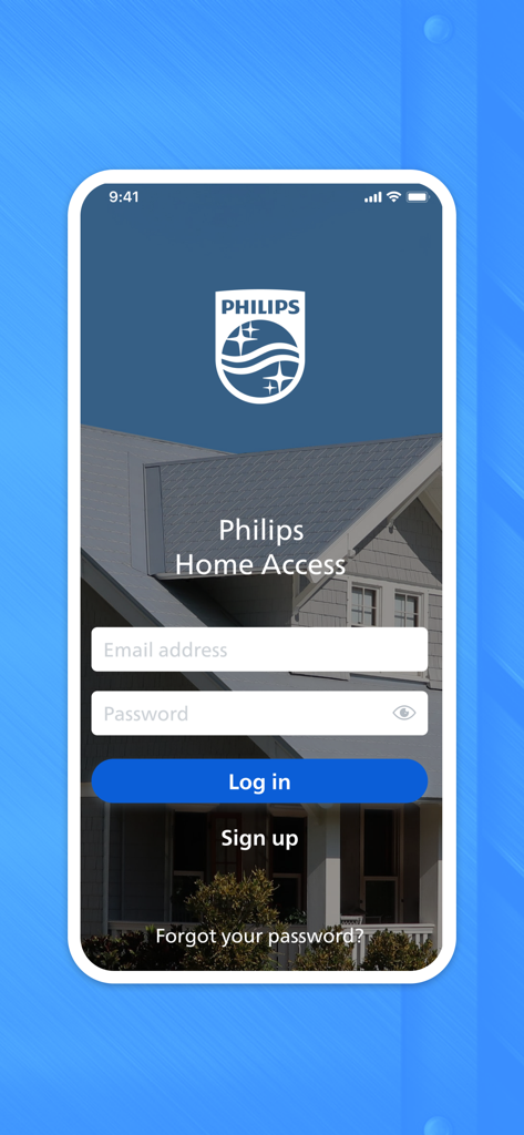 Écran de connexion de l'application de sécurité domestique intelligente Philips Home Access présentant le logo de la marque et les champs de connexion au compte.