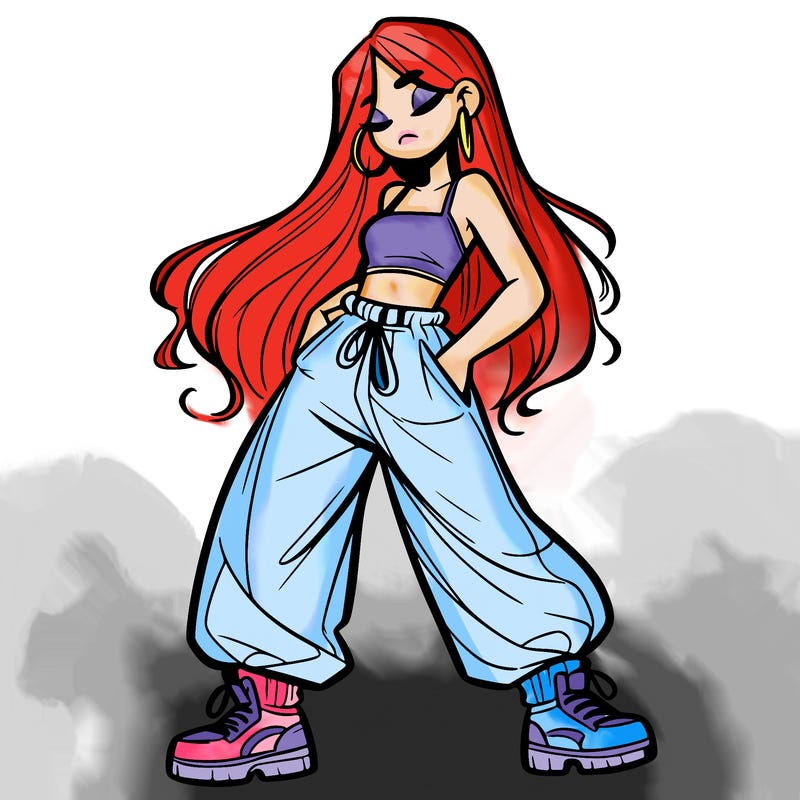 girl in baggy pants crop top and long hair