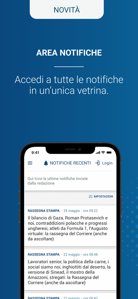 Uma tela de celular exibindo críticas de imprensa recentes e notificações de notícias no aplicativo Corriere della Sera