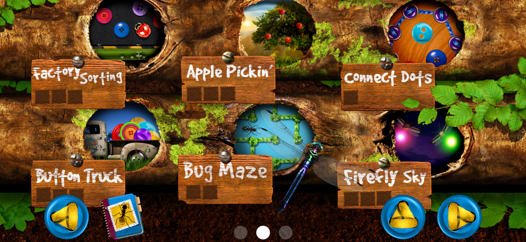 Bugs and Buttons educational app game selection screen featuring nature-themed activities inside hollowed wooden logs