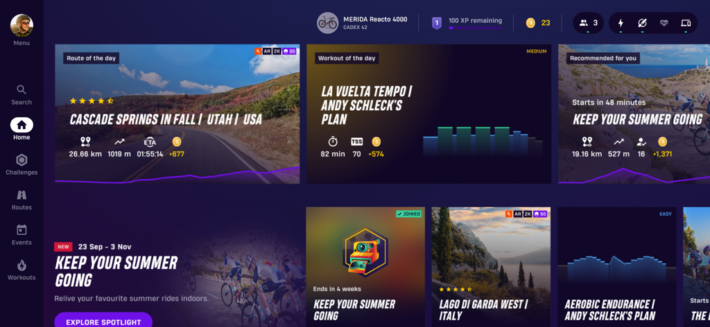 ROUVY indoor cycling app home dashboard showing virtual routes and workout plans