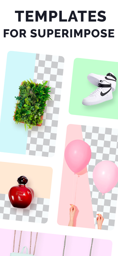 Eraser: remove background, bg - Interface do aplicativo mostrando vários templates para superpor imagens com fundos removidos