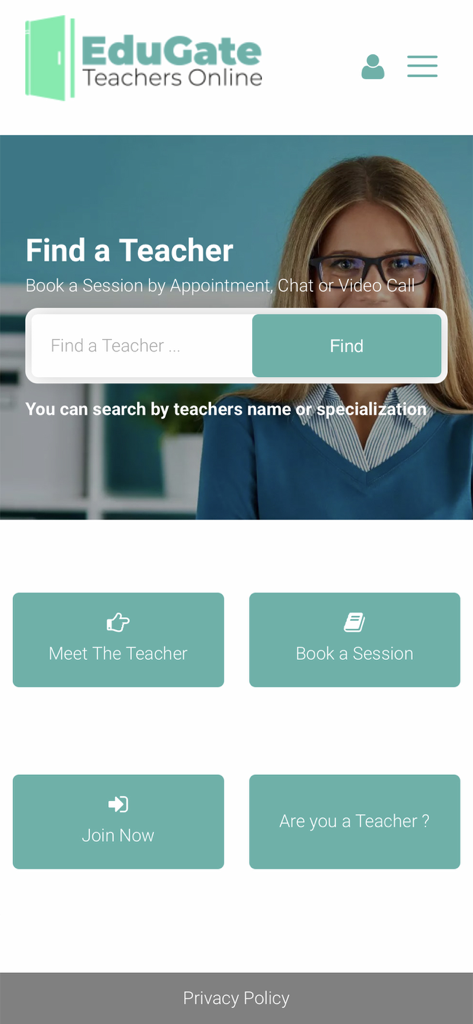 Edugate - Edugate app interface showing the search bar to find a teacher and buttons to book a session or meet a teacher