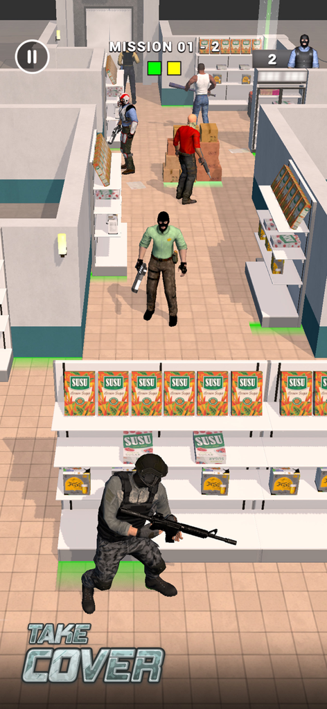 Rescue Agent: Shoot & Hunt - Agente da SWAT se protegendo atrás de uma prateleira de supermercado no jogo móvel Rescue Agent Shoot and Hunt