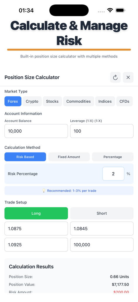 TrackIt app interface showing a position size calculator for managing trading risk