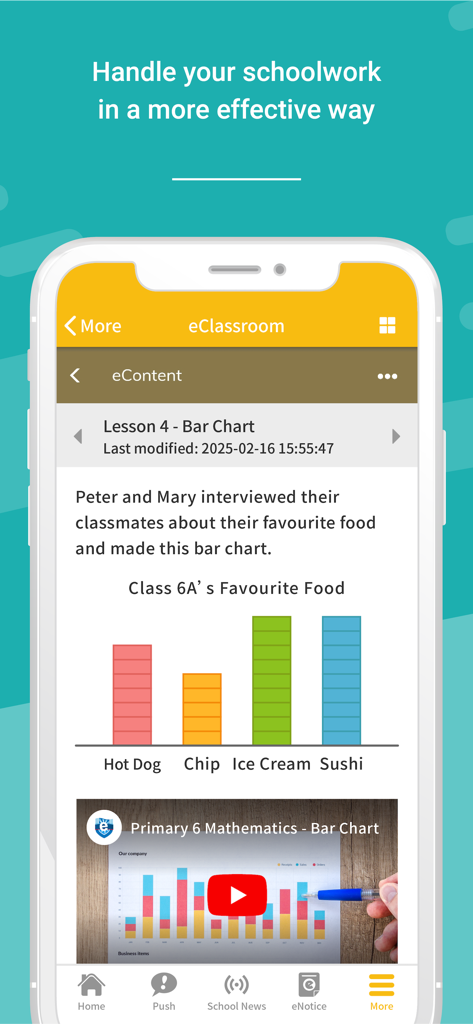 eClass Student App mostrando uma aula interativa de matemática sobre gráficos de barras na secção eClassroom