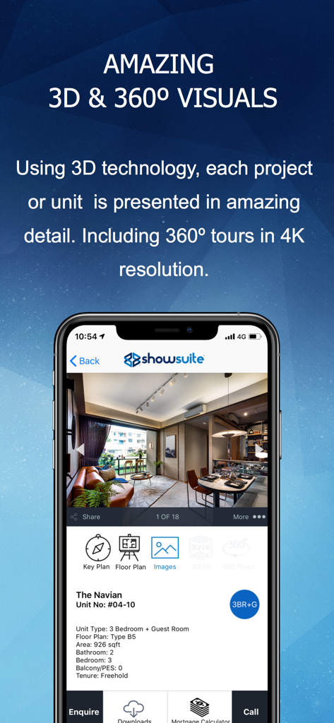 Showsuite mobile app displaying high-quality 3D and 360 degree property tours for international investors.