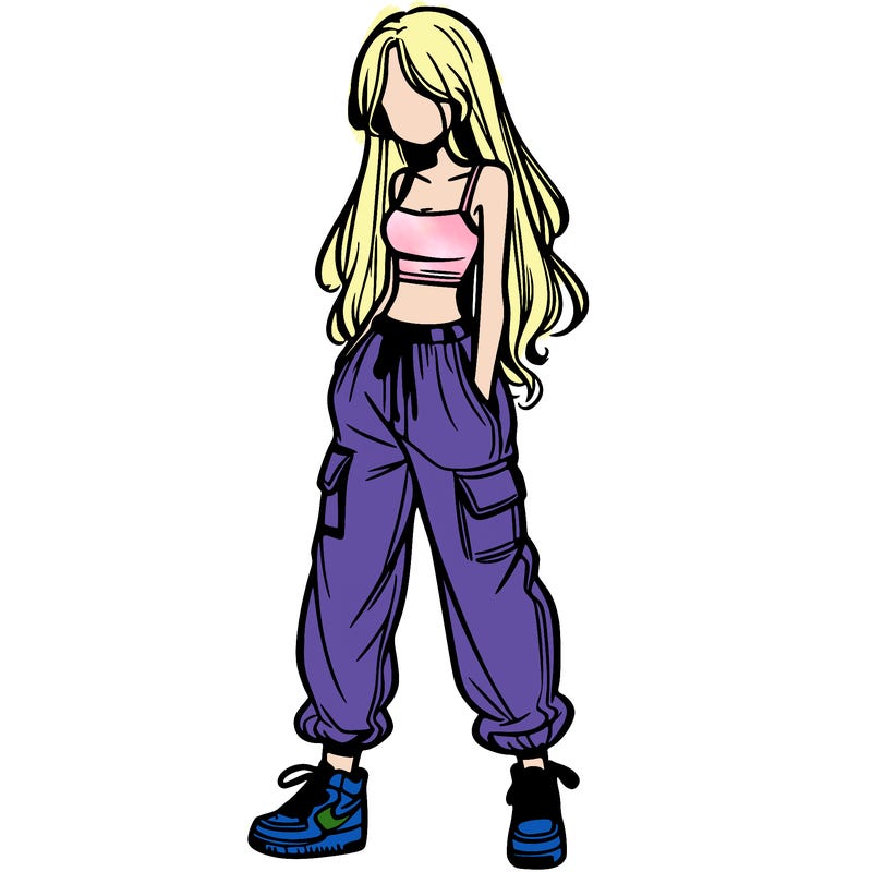 girl in baggy pants crop top and long hair