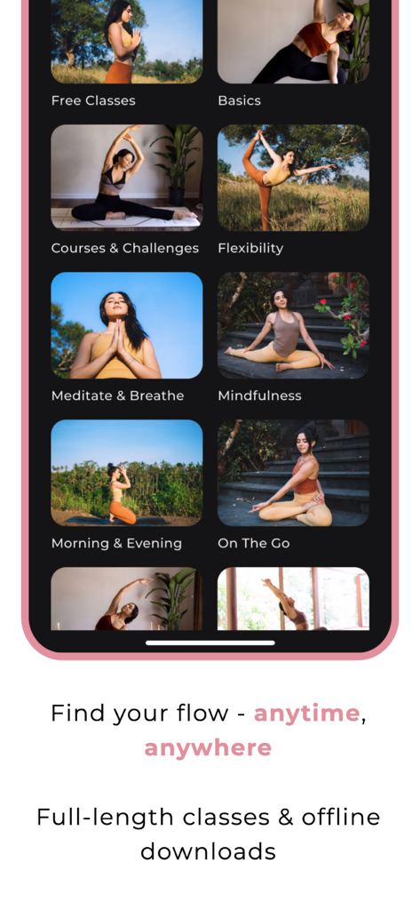 Screenshot of the Jess Yoga app interface displaying various class categories such as flexibility, mindfulness, and meditation.