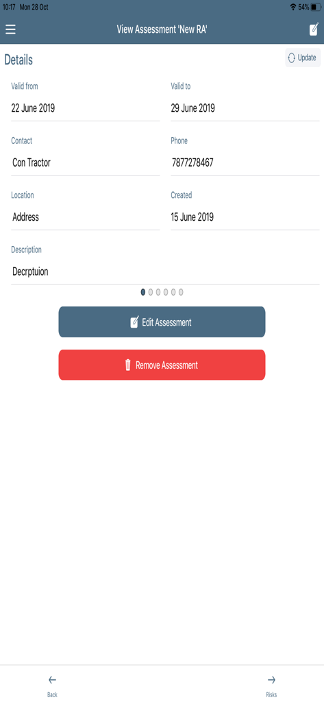 Details screen of the MY Risk Assessments mobile app displaying assessment summary dates and contact information