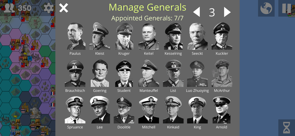 Armchair Commander - Manage Generals screen showing a selection of historical military leaders in the Armchair Commander strategy game