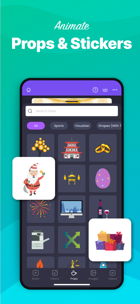 Animaker app interface showcasing a diverse library of animated props and stickers for video creation.