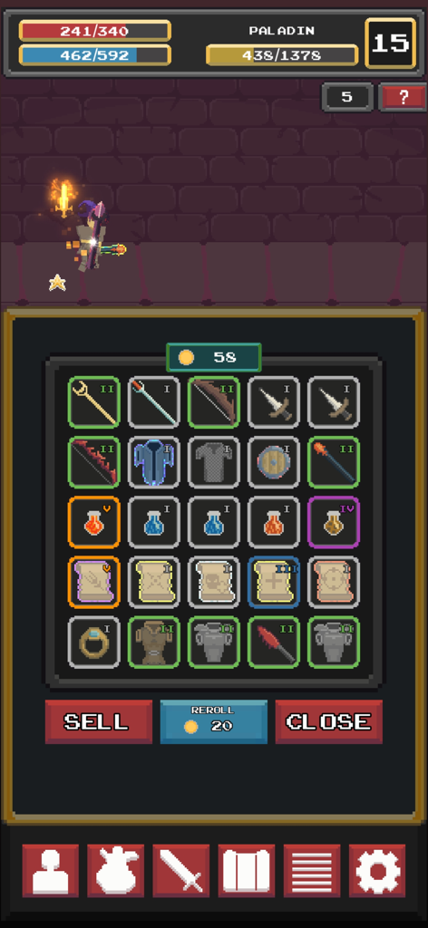 Doomdepths - Doomdepths inventory screen with pixel art items including weapons armor and potions for a Paladin character