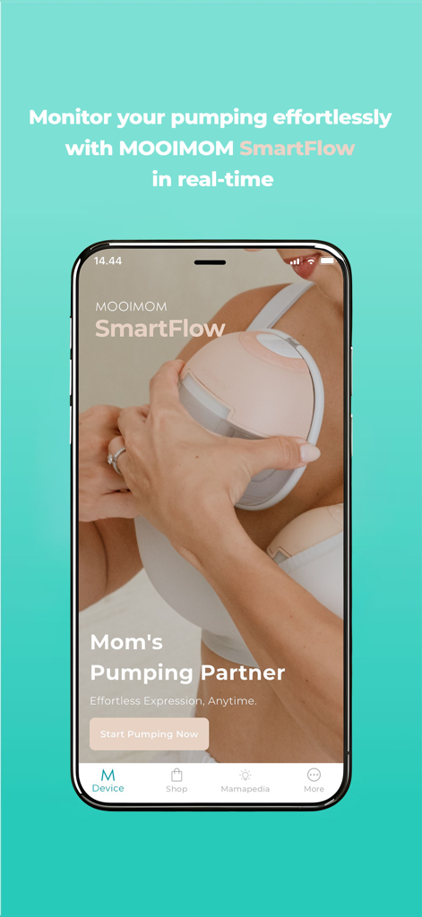 MOOIMOM SmartFlow® - Interface de l'application MOOIMOM SmartFlow montrant la surveillance en temps réel du tire-lait et les achats de maternité