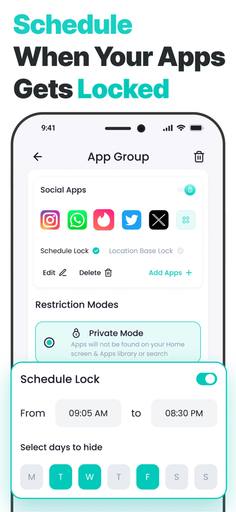 Interfaccia di app mobile che mostra come programmare il blocco automatico delle app per le applicazioni di social media durante orari e giorni specifici.