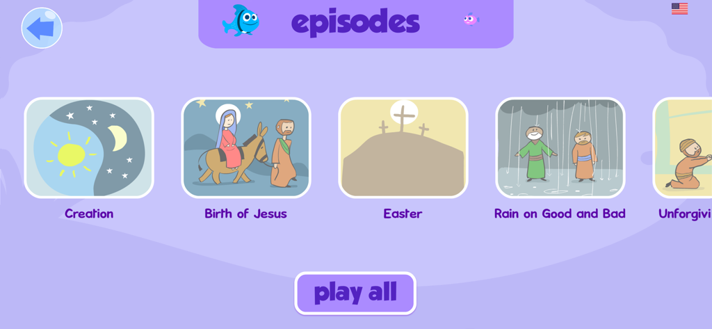 The episodes selection screen of the Pastor Fish app showing illustrated tiles for stories including Creation, Birth of Jesus, and Easter.