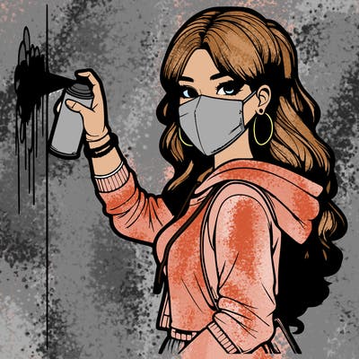 realistic girl with mask spray painting a wall
