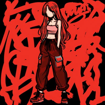 girl in baggy pants crop top and long hair