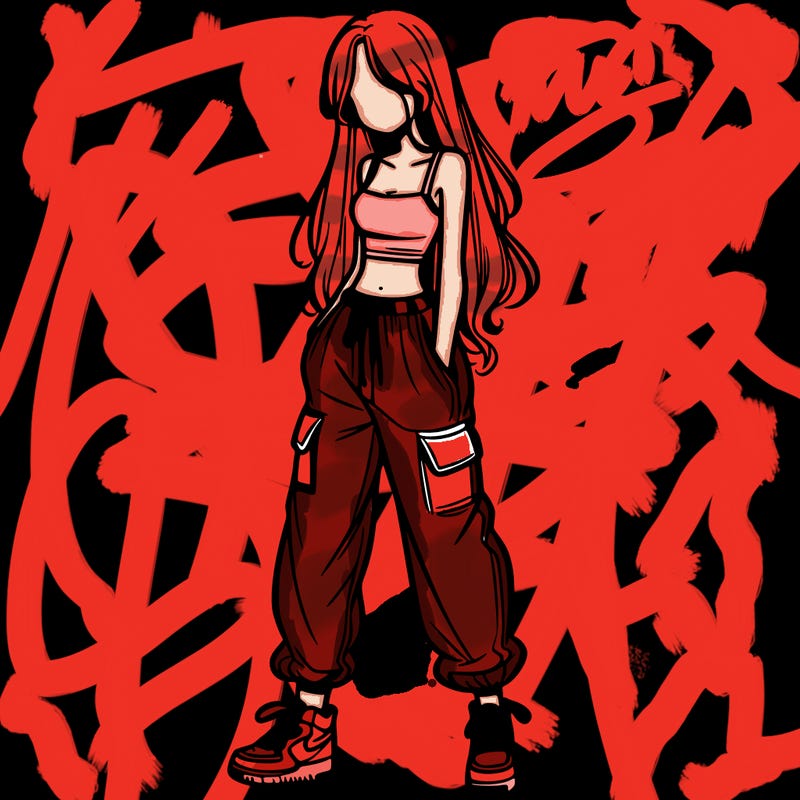 girl in baggy pants crop top and long hair