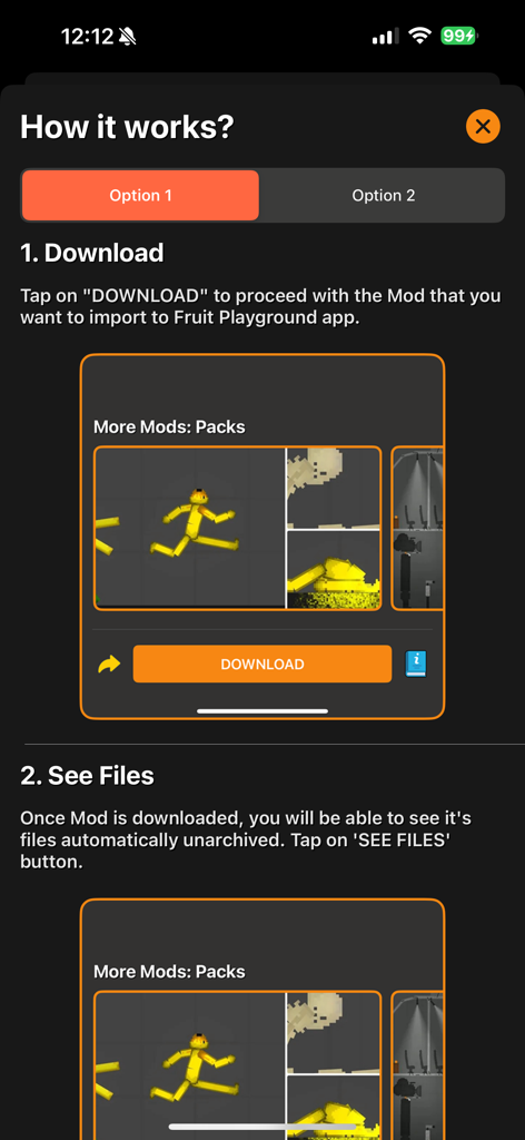 Fruit Mods for Fruit PG! - Tutorial screen for the Fruit Mods app showing step by step instructions for downloading and viewing game mod files