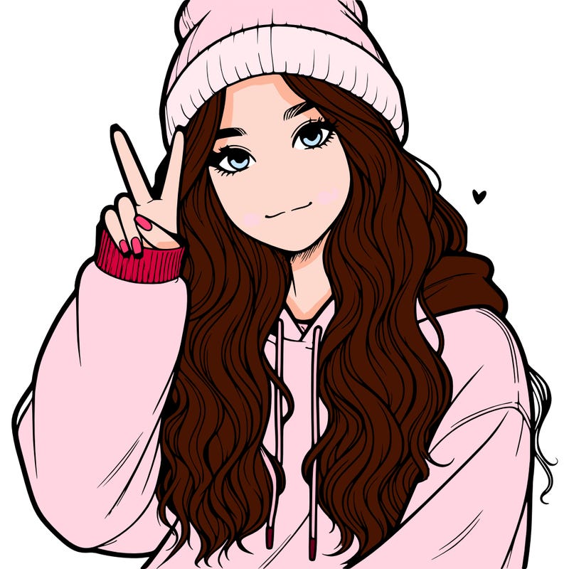 a teenage girl in a beanie, oversized sweatshirt, wavy long hair, and is showing a ✌️