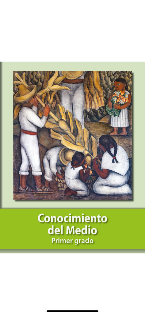 Portada de un libro de texto mexicano de primer grado para Conocimiento del Medio con una ilustración de mural tradicional