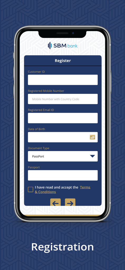 Tela de registro do aplicativo móvel SBM Bank India mostrando campos de formulário para ID do cliente, número de celular e verificação de identidade