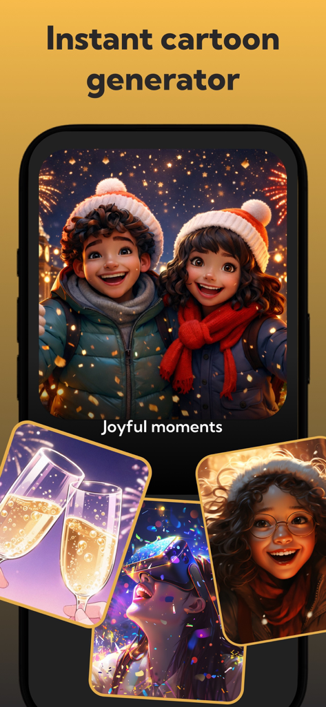 Bildschirm der AI Cartoon Photo Generator App, der fröhliche festliche Cartoon-Porträts und Avatare zeigt