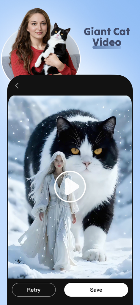 AI generated video of a woman walking beside a giant tuxedo cat in a snowy mountain landscape