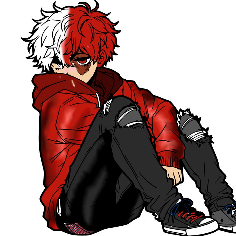 a male hoddie ripped jeans messy hair anime
