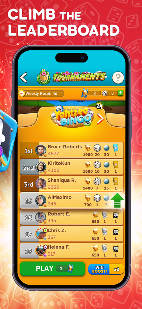 Yahtzee with Buddies tournament leaderboard showing player rankings and scores