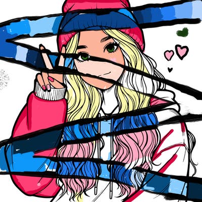 a teenage girl in a beanie, oversized sweatshirt, wavy long hair, and is showing a ✌️