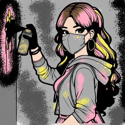 realistic girl with mask spray painting a wall