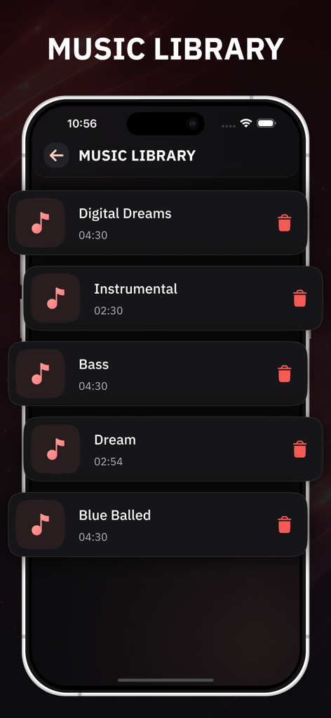 Music Equalizer - Bass Booster - Music library screen showing a list of songs with titles and durations.