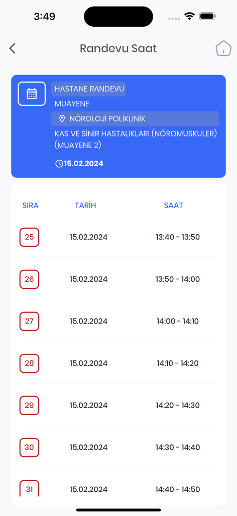 Cep Hastane - Mobile screen of Cep Hastane app showing a list of available hospital appointment slots for a neurology clinic.