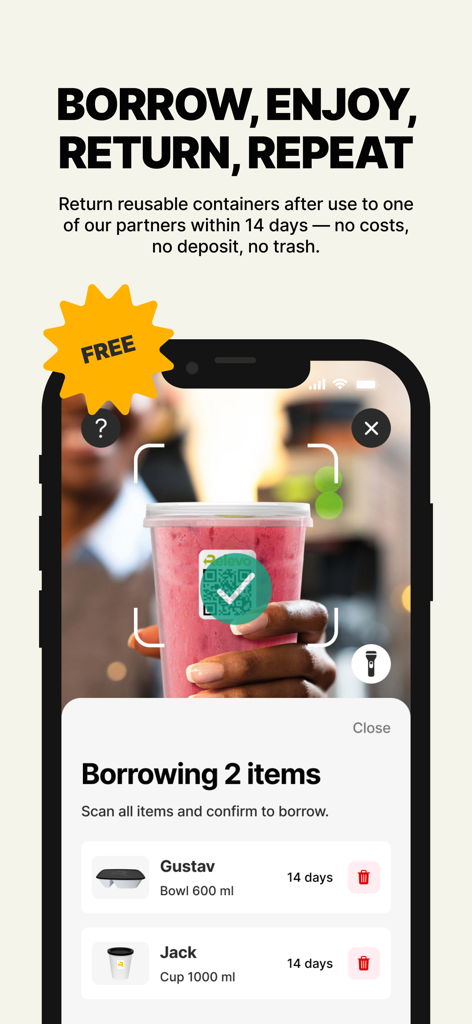 Relevo - Interface of the Relevo app scanning a QR code on a reusable cup to borrow it for takeout food.