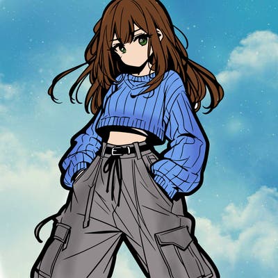 anime teen girl with baggy pants and crop top with sweater
