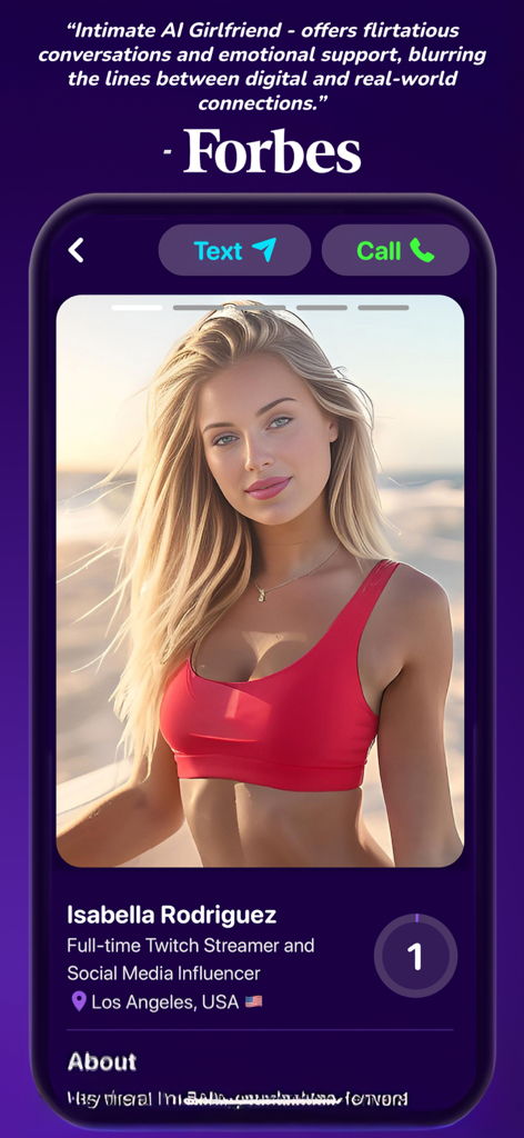 Intimate - AI Girlfriend Chat - A profile view of Isabella Rodriguez in the Intimate AI Girlfriend app featuring a Forbes quote and options to text or call.