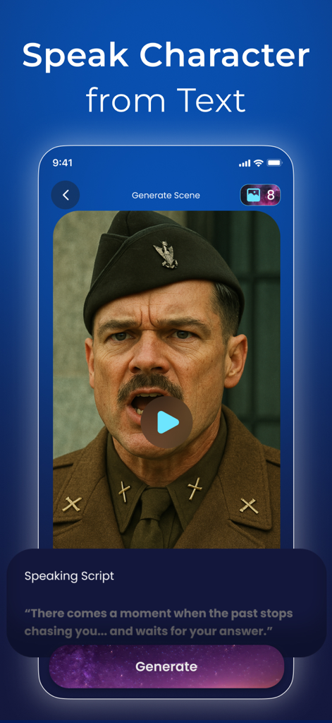 Rigel AI Film Generator - Interface of the Rigel AI app showing a military character and a text box to generate a talking video from a script.