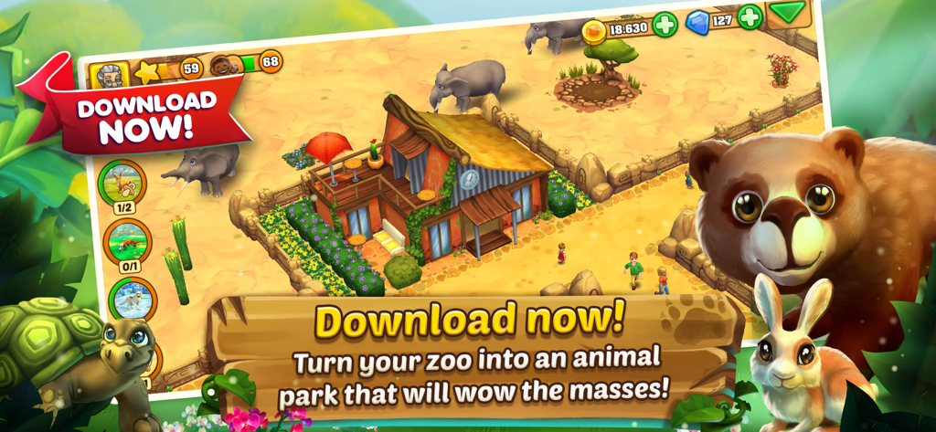 A 3D animal park enclosure with elephants and cute animal characters in the Zoo 2 game.