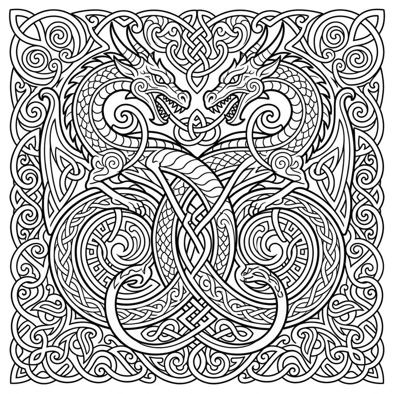 Dive into a world of ancient mythology with this stunning Celtic Dragon Knots coloring page. Featuring two magnificent dragons interwoven with complex Celtic patterns, it promises an engaging and intricate coloring experience.