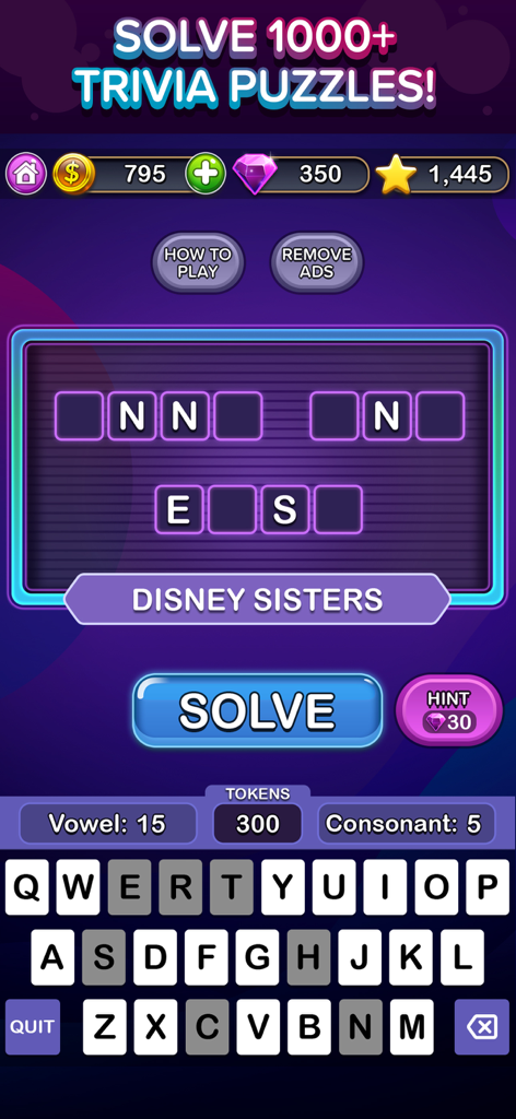 Trivia Puzzle Fortune Games! - Trivia Puzzle Fortune game screen showing a phrase puzzle with Disney Sisters category