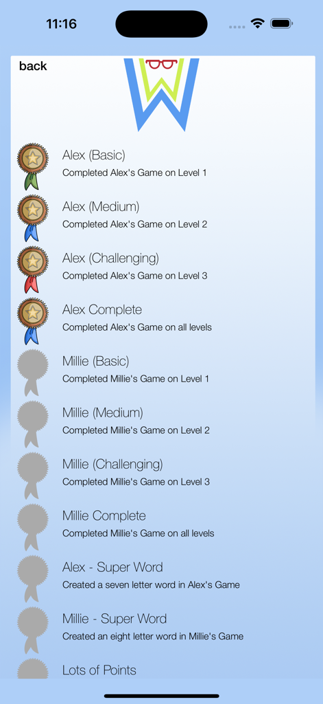 Word Wise - Word Wise app achievement screen showing unlocked and locked badges for spelling levels and characters