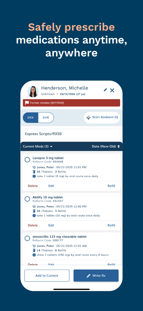 RXNT - RXNT mobile app screen displaying a patient medication list and options to safely prescribe medications anywhere