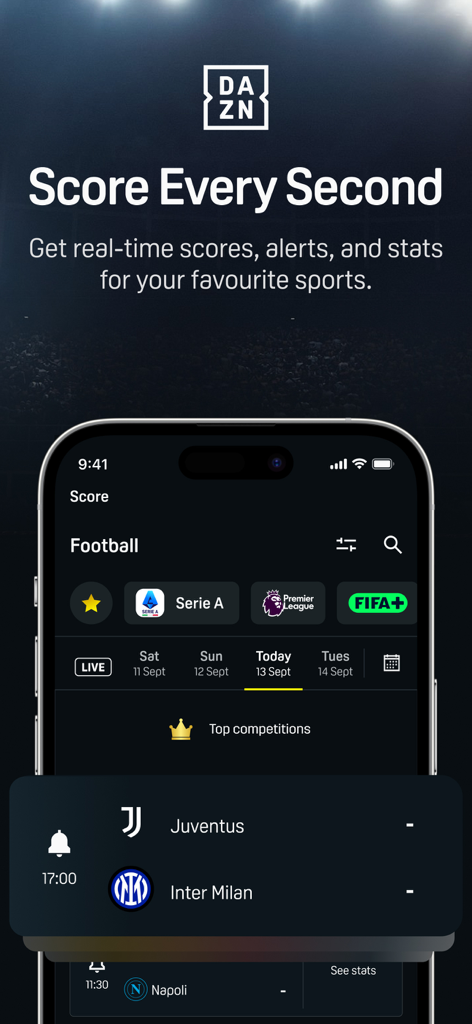 DAZN mobile app interface showing live sports scores and match alerts
