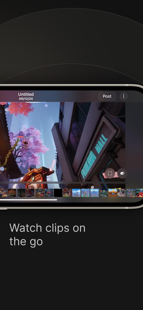 A tablet screen displaying a gameplay clip within the Medal app interface with the caption Watch clips on the go