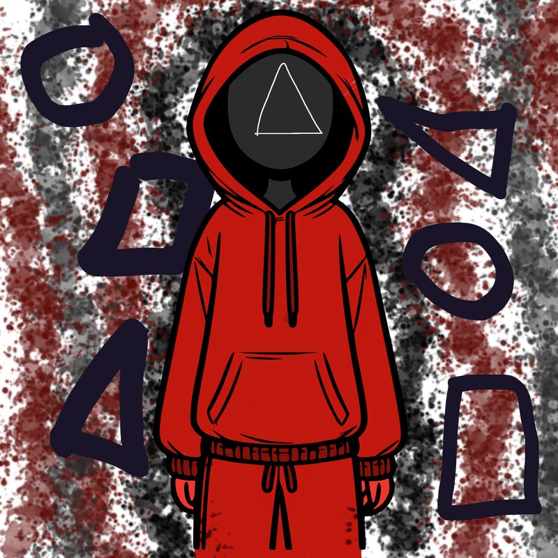 faceless girl in a tracksuit with a hood on and no hair