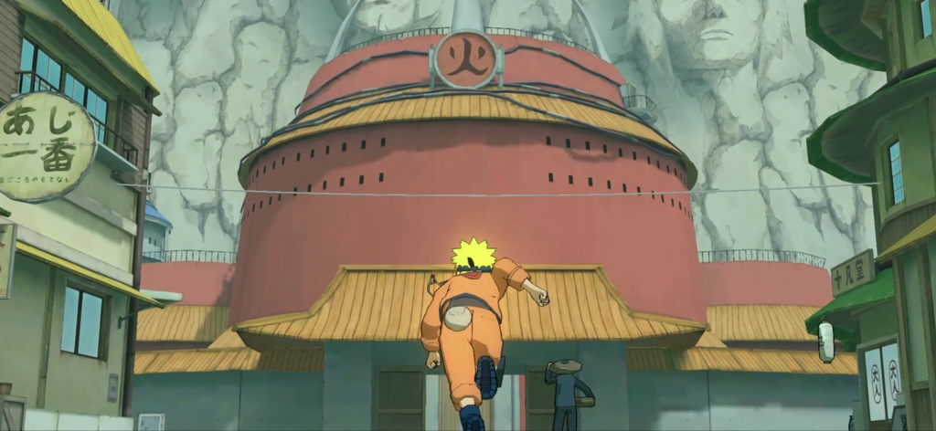 Naruto correndo em direção ao escritório do Hokage na Vila Oculta da Folha